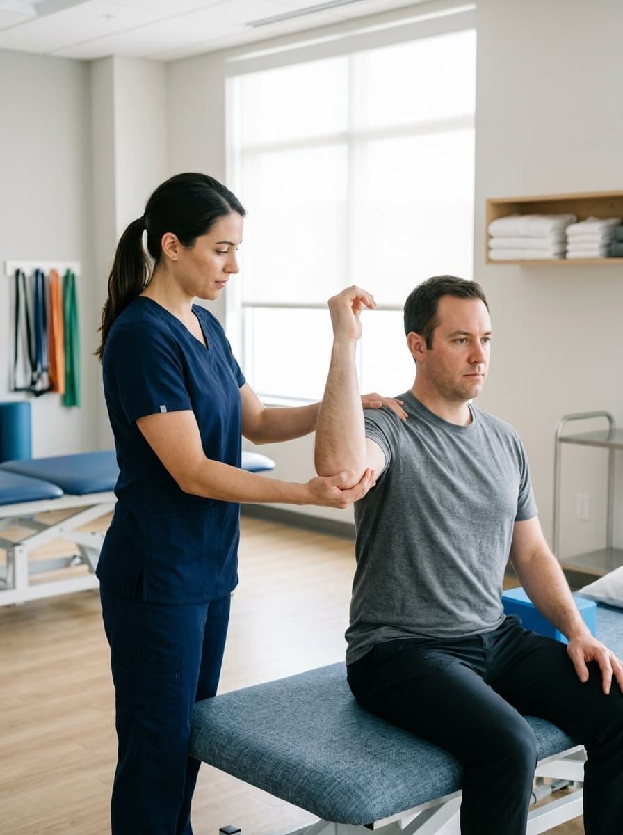 Travel physical therapist treating a patient