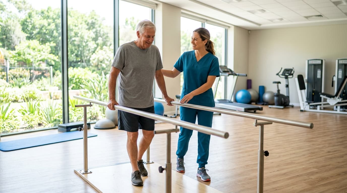 Travel physical therapist treating a patient in a Sacramento clinic