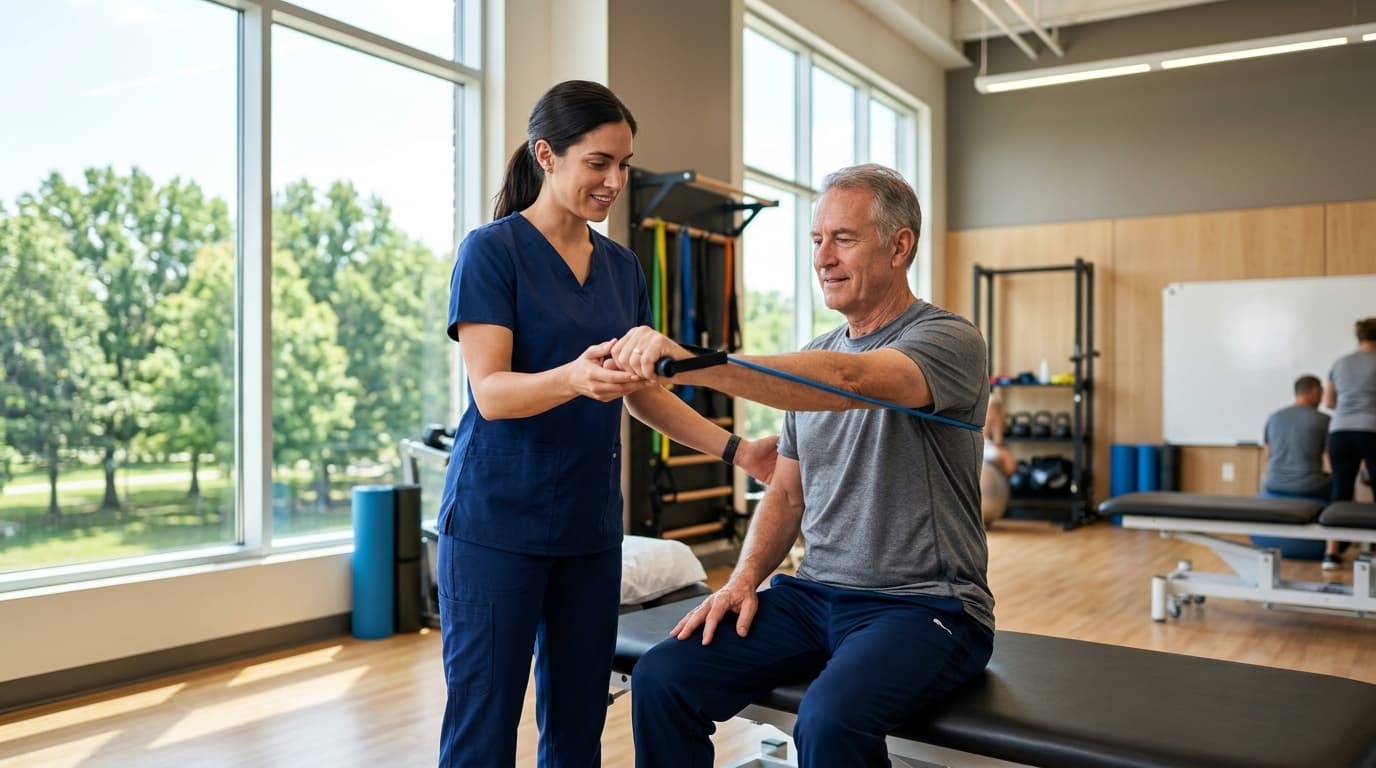 Travel physical therapist treating a patient in a Sunnyvale outpatient clinic