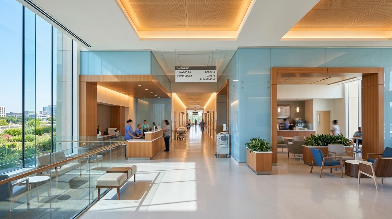 Healthcare facility lobby and staffing environment