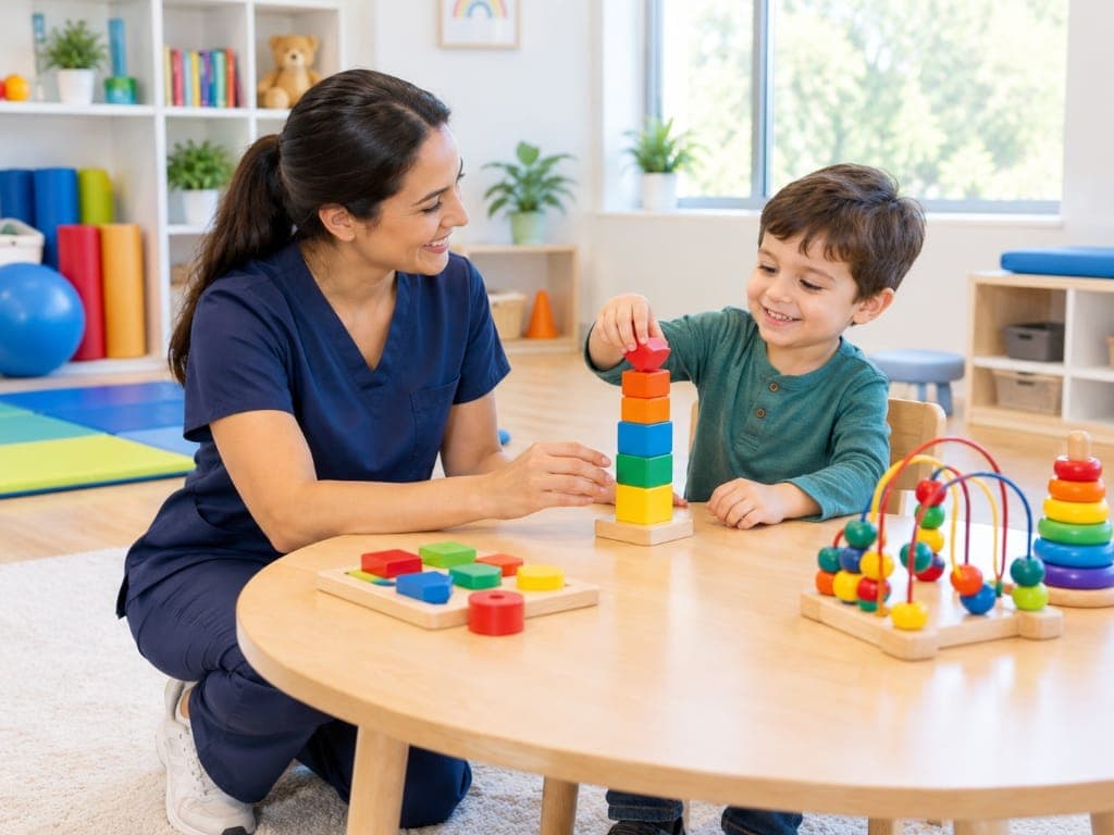Therapist sharing a warm moment with a young patient during a pediatric therapy session.