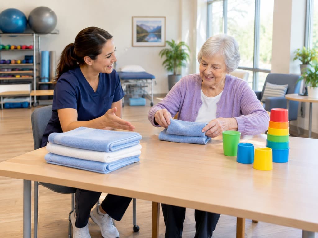 Senior patient doing a drawing activity with crayons during an occupational therapy session.