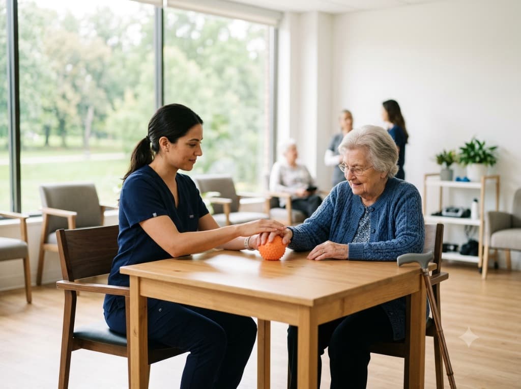 Occupational therapist guiding a patient through a hand therapy exercise with a therapy ball.