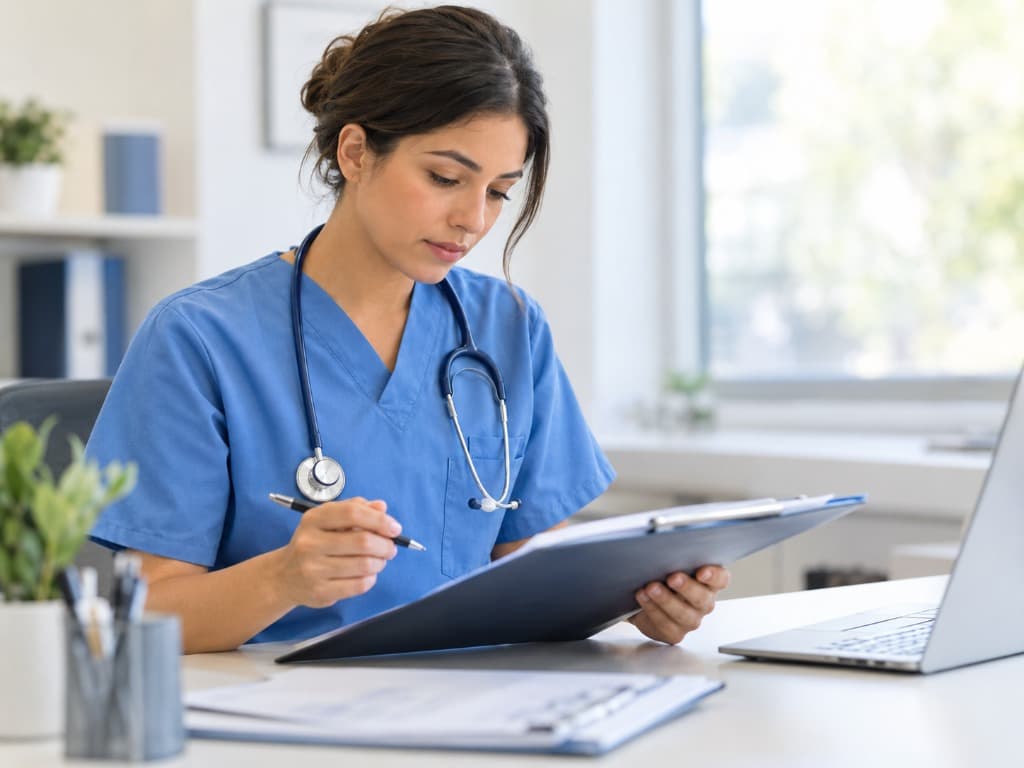 Therapy professional reviewing state license and credentialing paperwork on a clipboard.