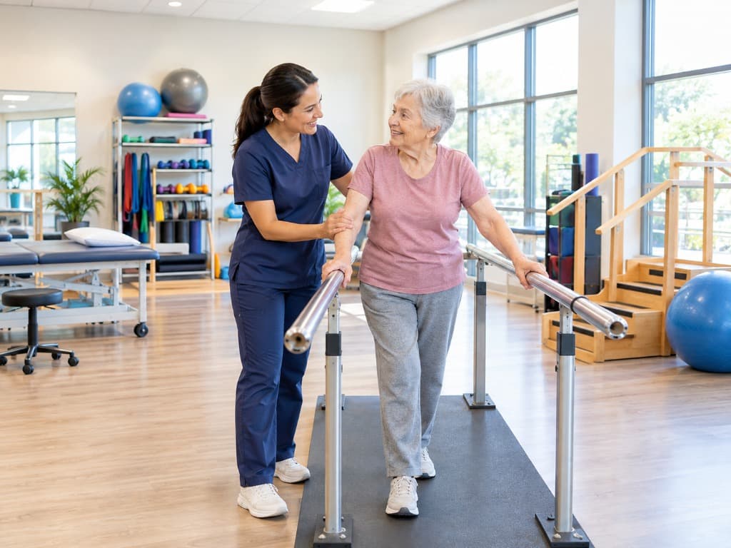 Therapist supporting a patient through a resistance band rehabilitation exercise.