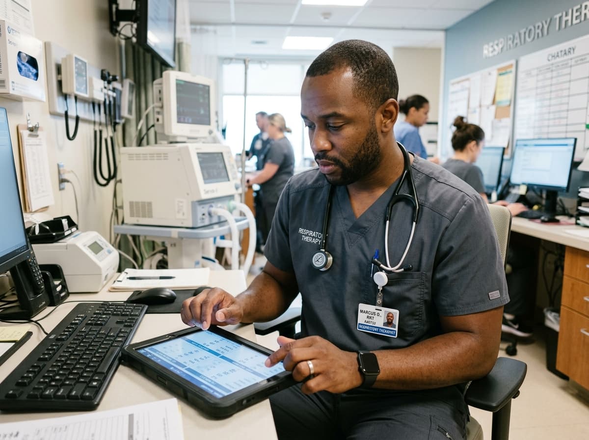 Registered respiratory therapist reviewing patient pulmonary telemetry and credentials on a tablet at a hospital workstation.