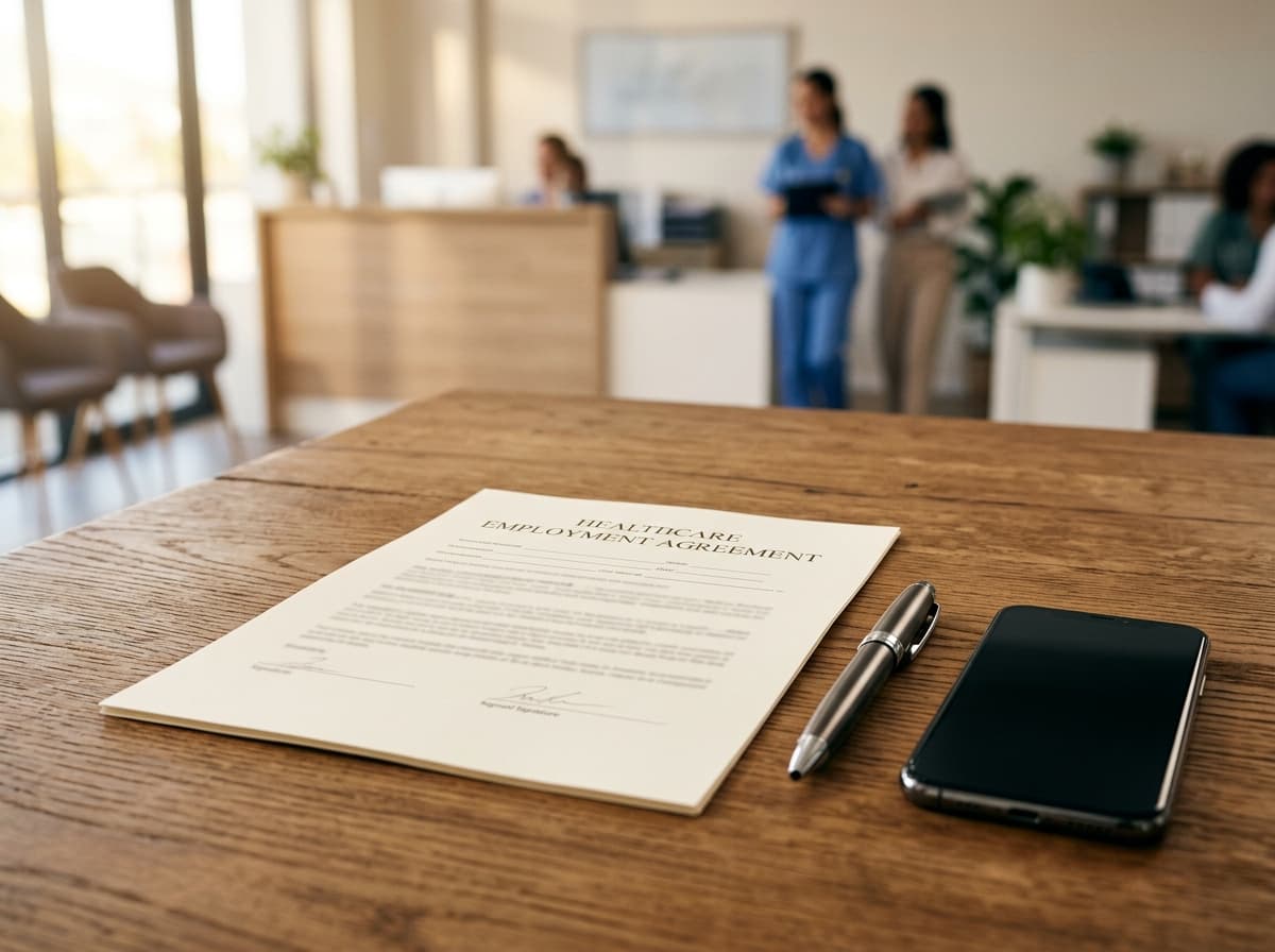 Healthcare employment agreement on a desk with a pen and phone representing travel contract terms.