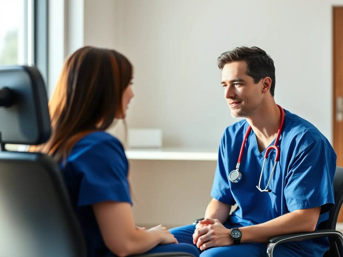 Ultrasound technologist discussing sonography clinic placements with a recruiter.