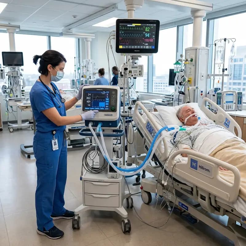 Travel respiratory therapist managing ventilator in a California ICU