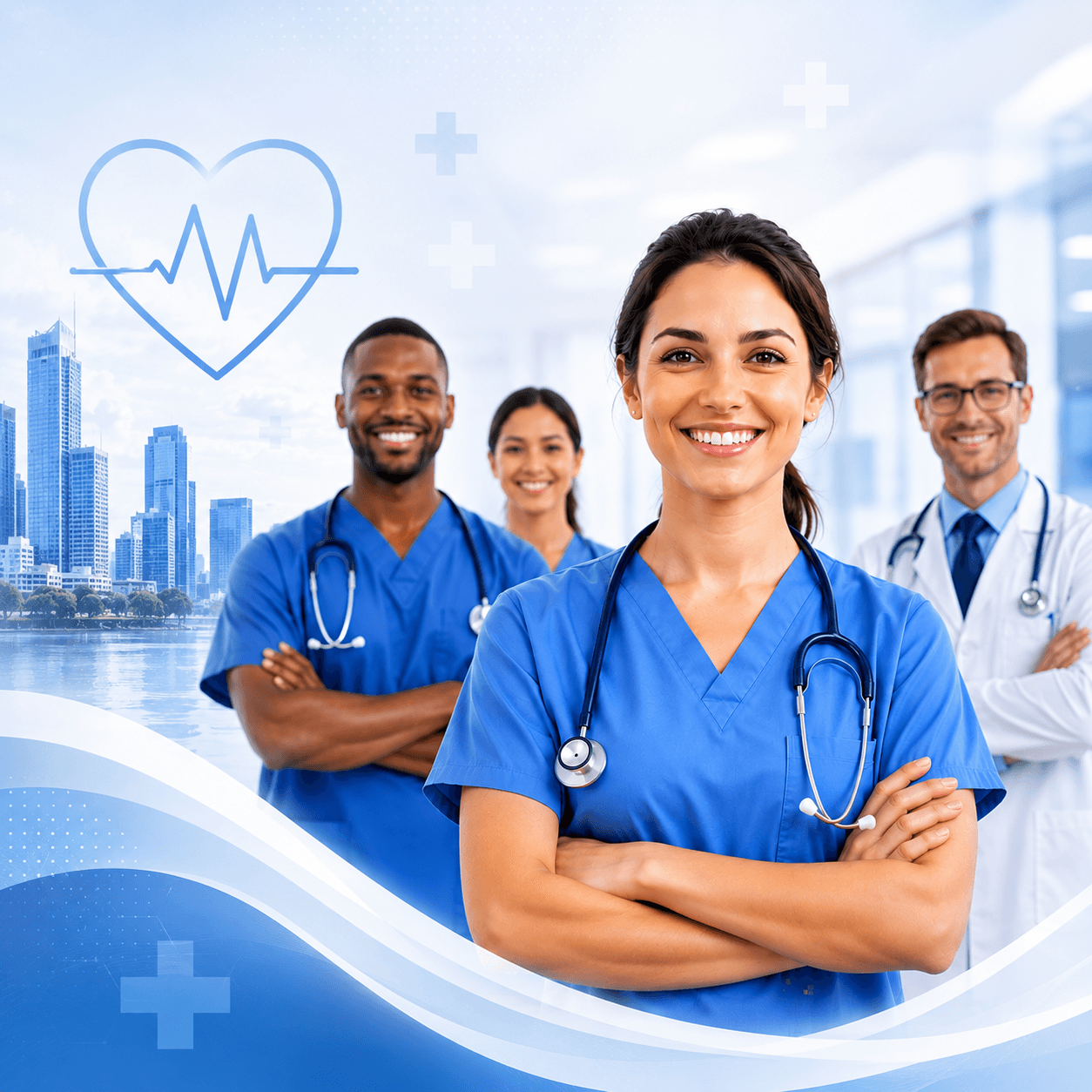 Four We Care Staffing clinicians — nurses and a physician — in a hospital setting