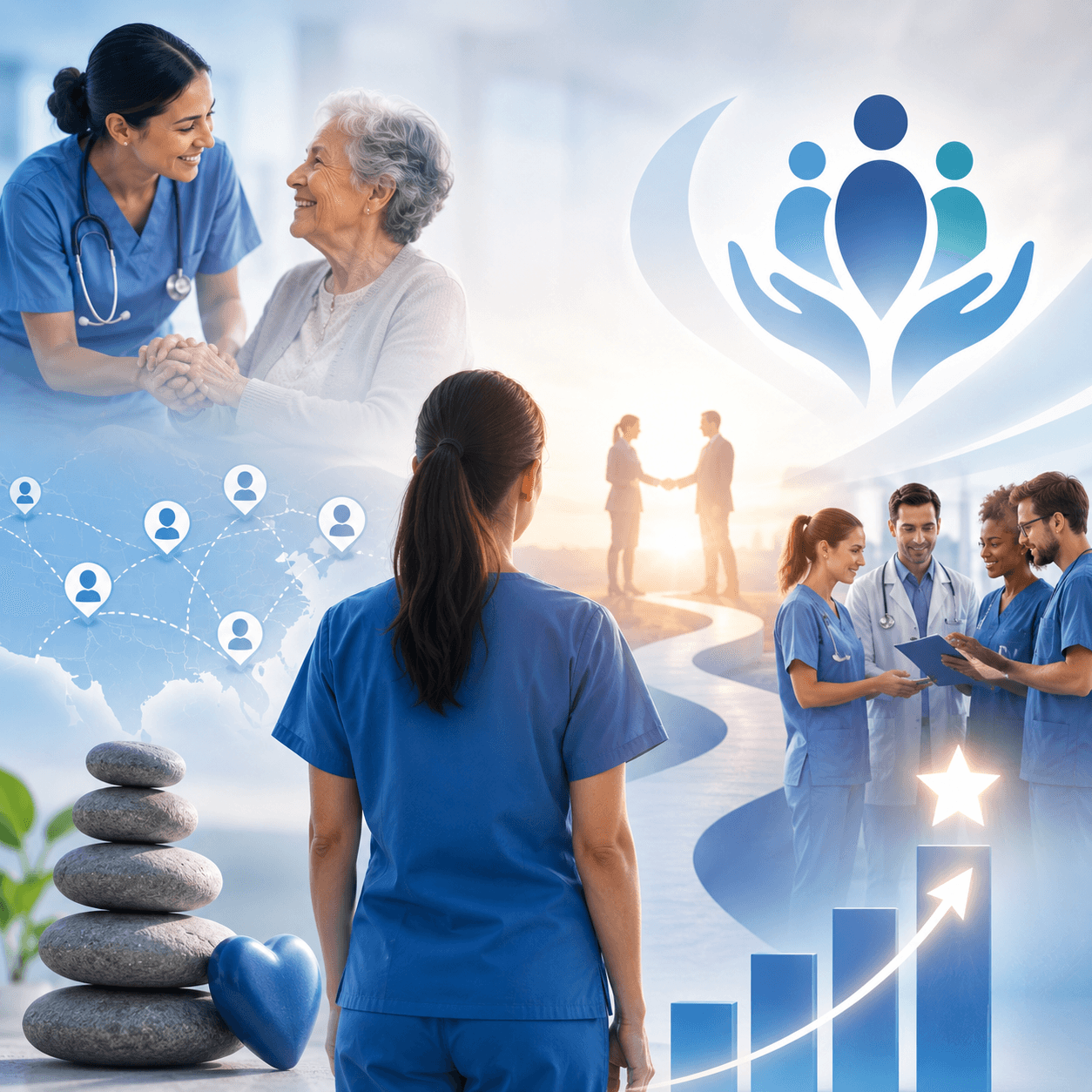 Nurses with patients, a nationwide placement map, and clinicians collaborating