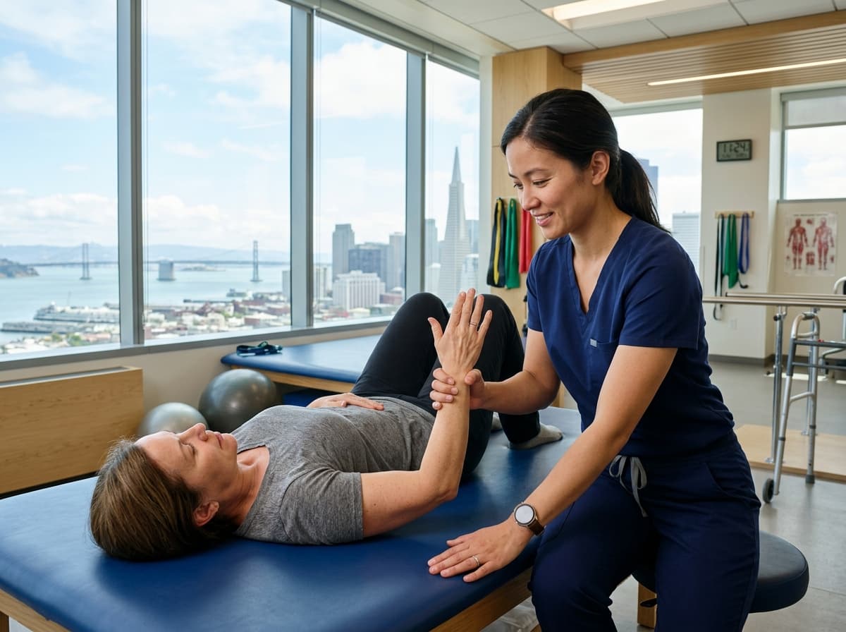 Travel occupational therapist working with a patient in a San Francisco hospital