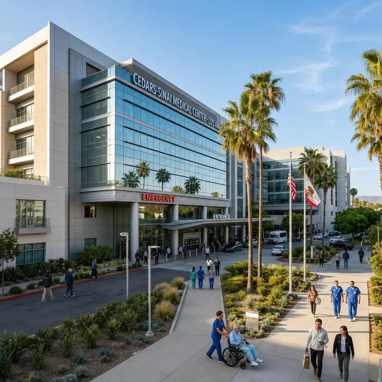 Modern California medical center - a popular healthcare destination with palm trees and sunny skies