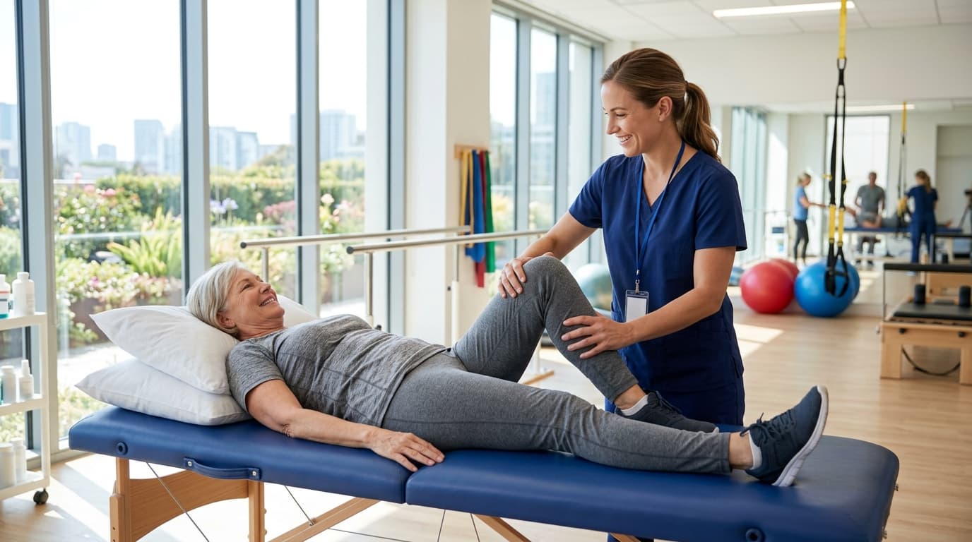 Travel physical therapist helping patient with rehabilitation in California
