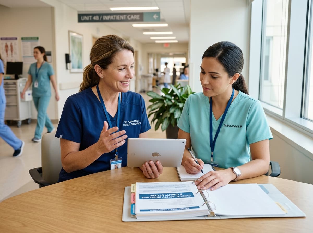 Healthcare clinical supervisor and nurse reviewing safety protocols and quality of care standards together