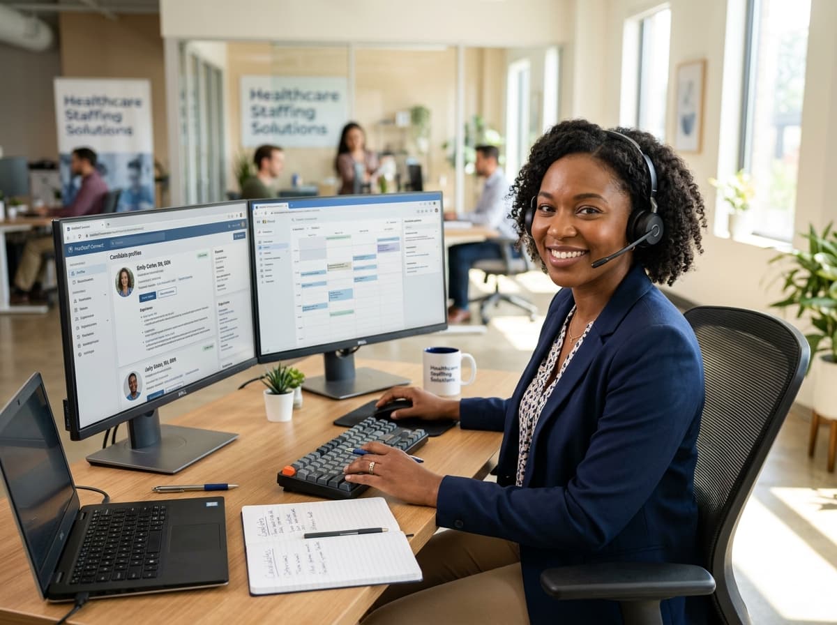 We Care Staffing recruitment coordinator promptly responding to healthcare staffing inquiries and candidate placements at her workstation