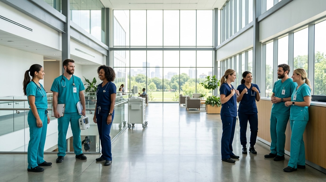 Travel registered nurses in a modern medical center