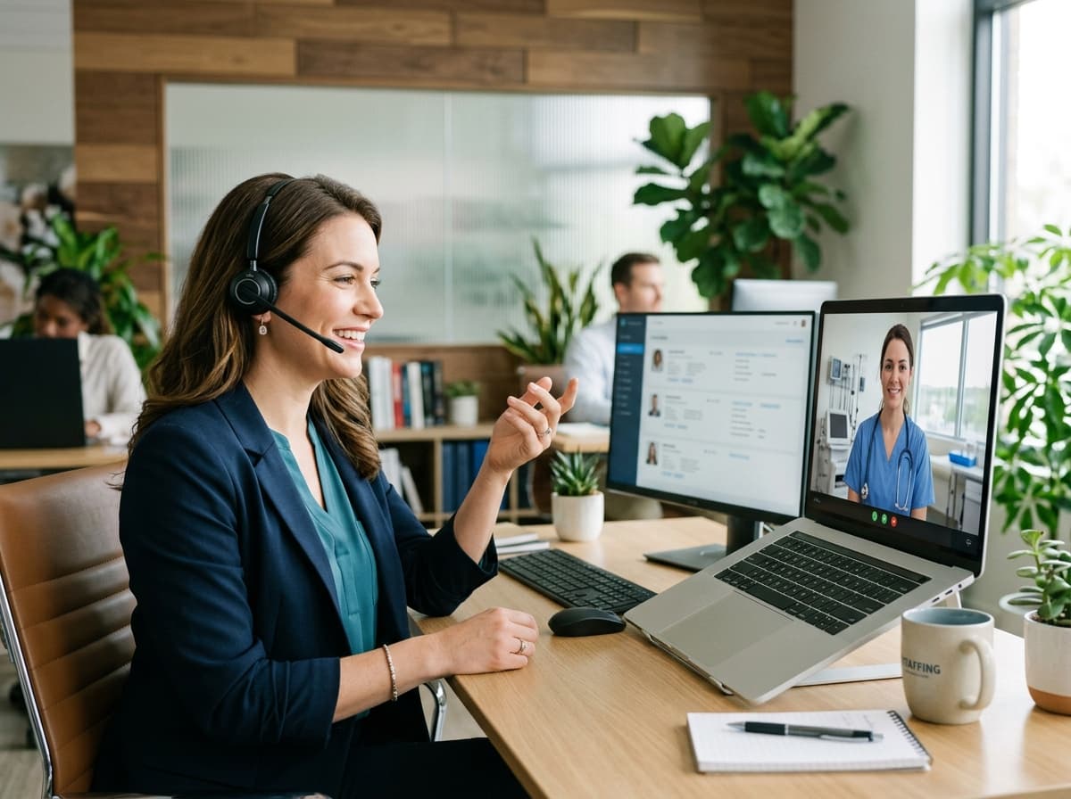 A healthcare recruiter assisting an LPN nurse on video call