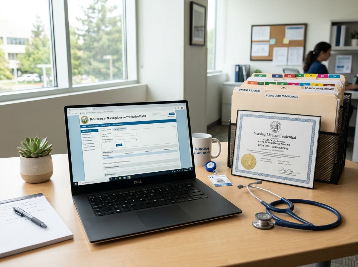 A nursing license and compliance file under review at a desk