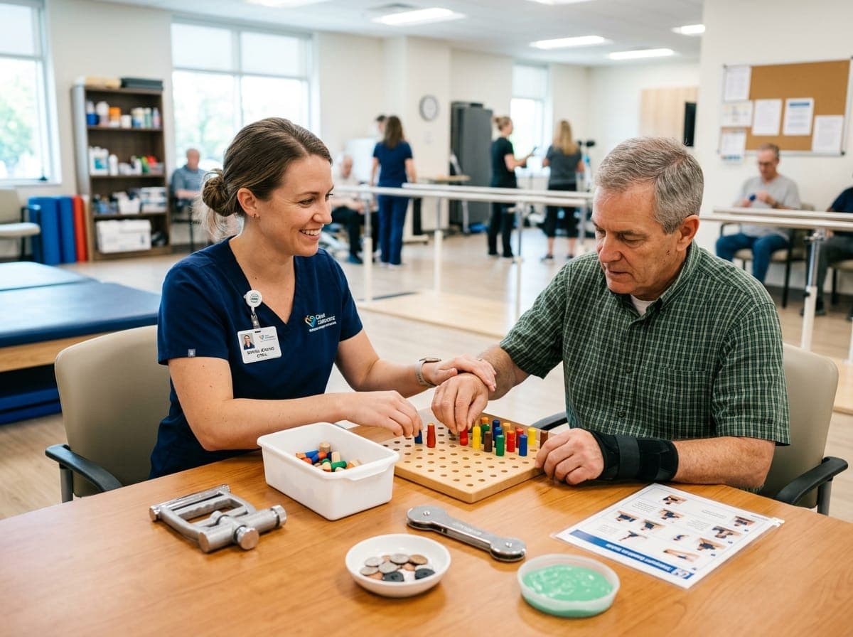 Occupational therapist guiding an adult patient through upper-extremity fine motor rehabilitation at a clinic table.