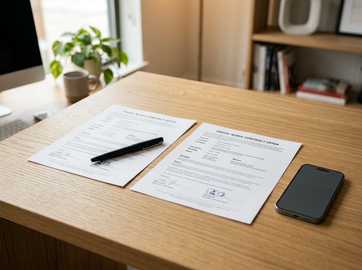 Two travel nurse contract offers laid side by side on a desk for comparison