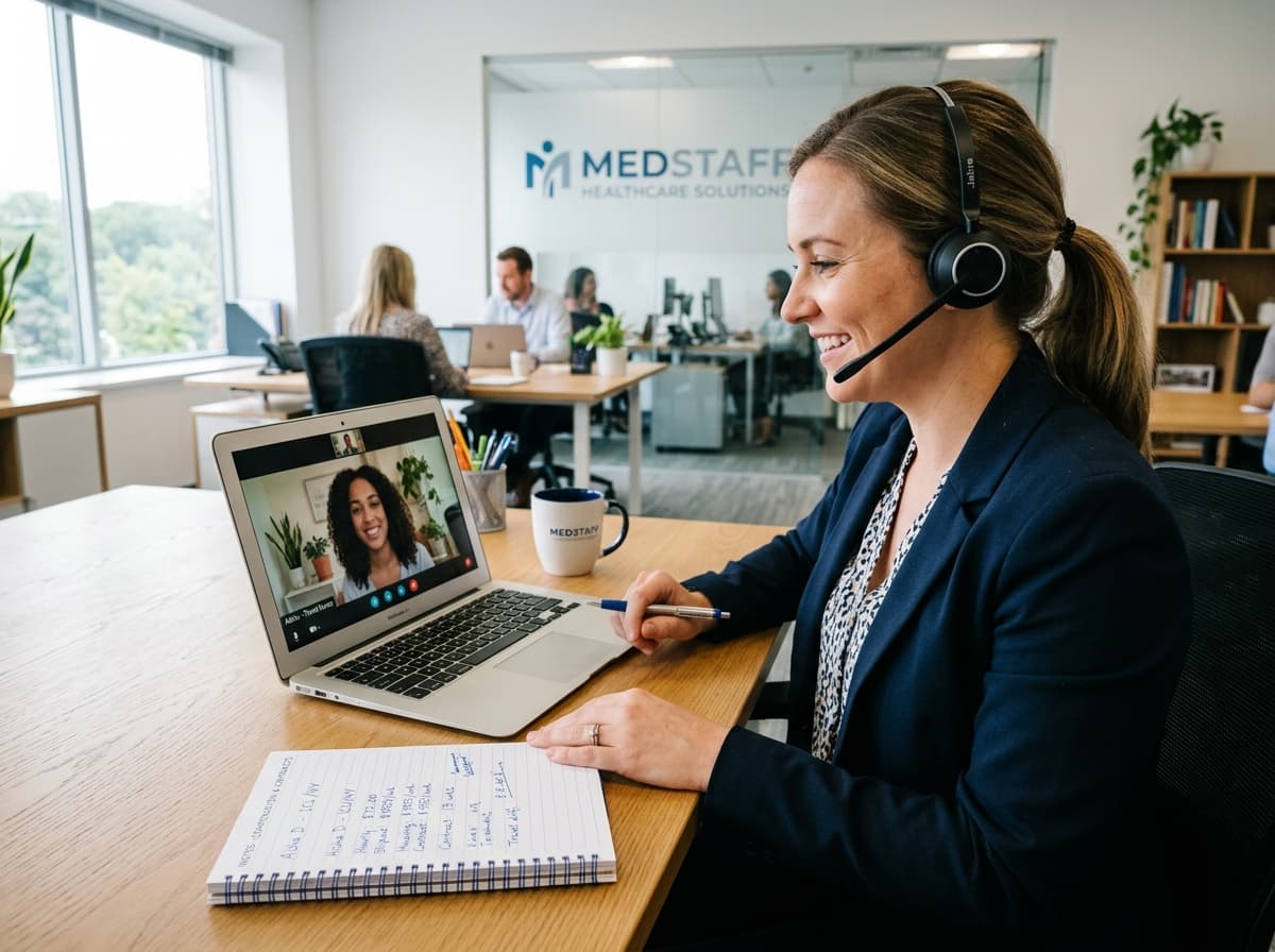A healthcare staffing advisor on a video call consultation with a travel nurse candidate