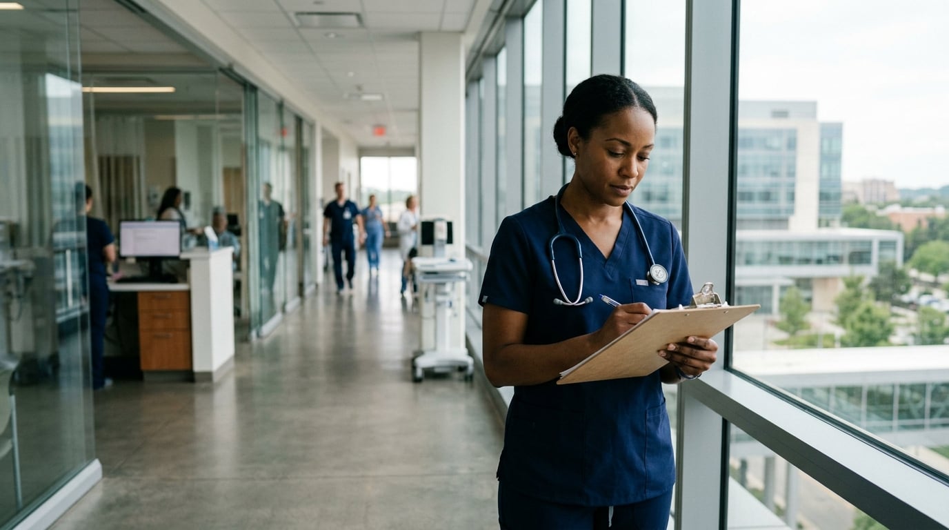 A travel nurse on assignment in a hospital checking documentation near a window