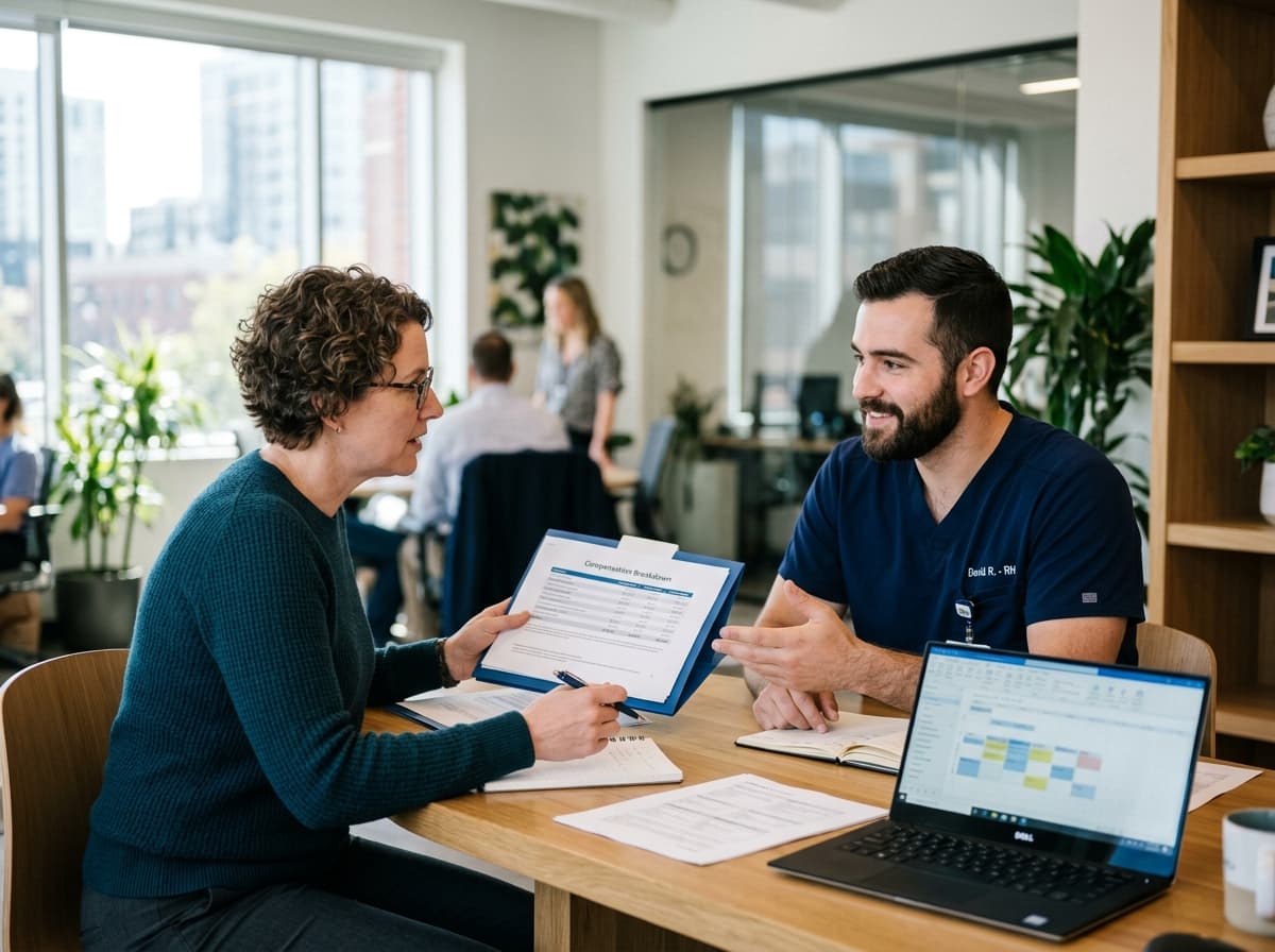 A healthcare recruiter and a travel nurse reviewing a pay package breakdown at a table