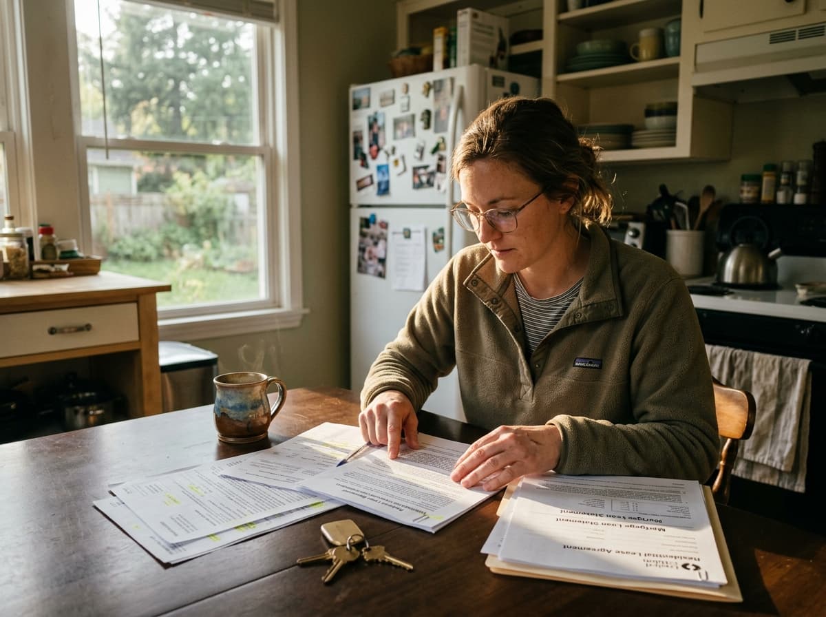 A travel nurse reviewing residential tax and lease documents at a home kitchen table