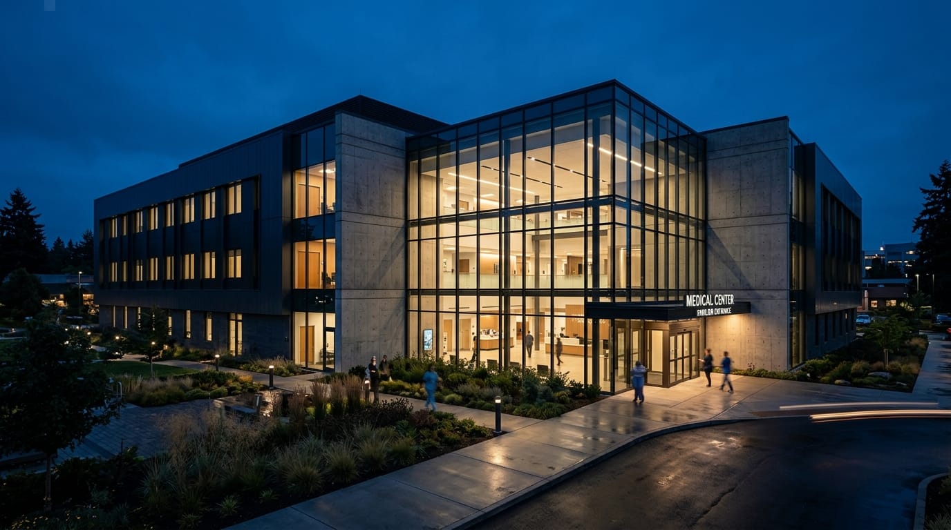 Modern hospital medical facility at dusk with soft ambient lighting