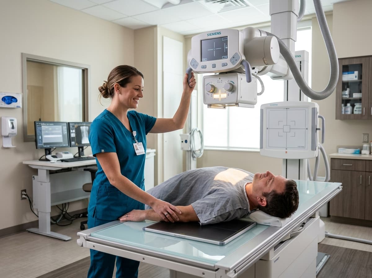 Certified radiologic technologist adjusting digital x-ray equipment and positioning a patient in a radiology suite.
