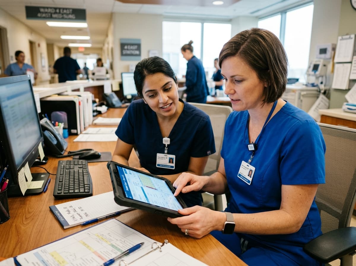 Two registered nurses collaborating and reviewing clinical documentation on a tablet at a nursing station