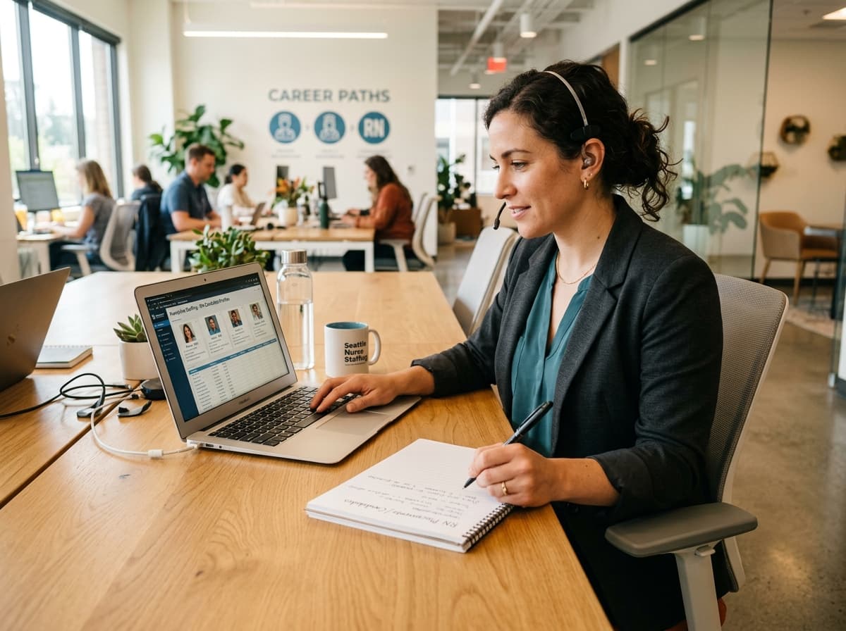 A healthcare recruiter with a headset assisting a registered nurse with contract options on a call