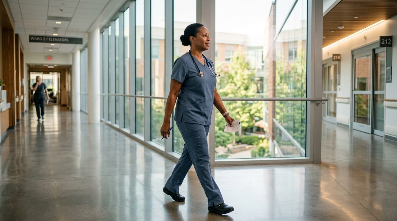 An experienced Registered Nurse walking through a hospital corridor in clinical scrubs