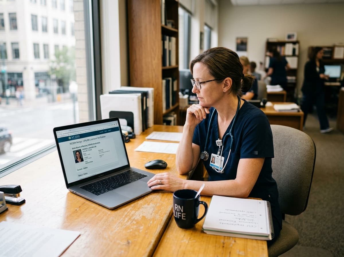 A registered nurse reviewing state board licensure and compact credentials on a laptop at a desk