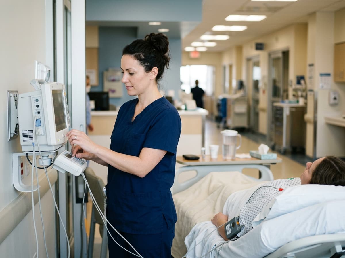 A nurse checking a patient monitor beside a resting patient on a hospital unit.