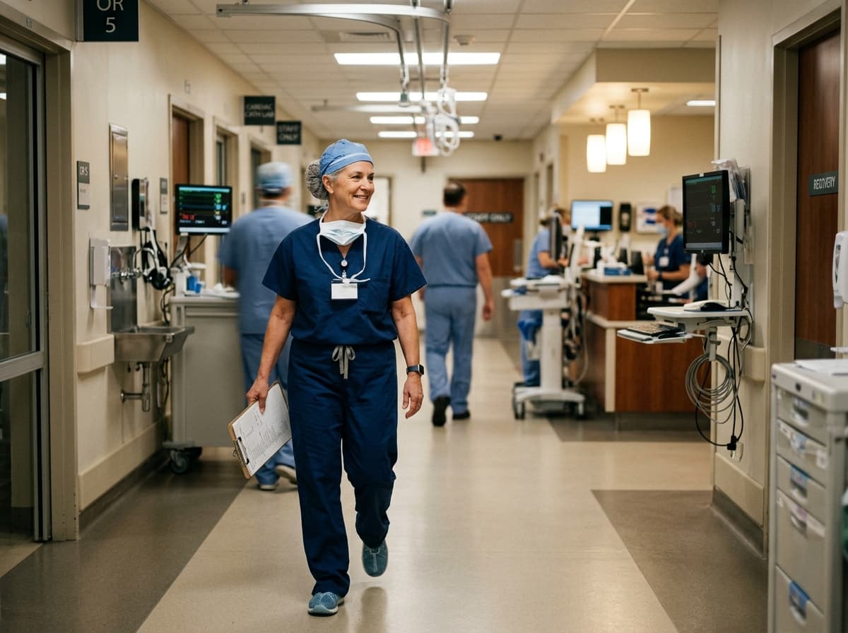 A specialized surgical / procedural registered nurse in surgical scrubs walking through a hospital unit