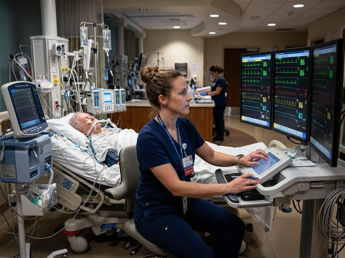Intensive care unit nurse monitoring critical patient vital indicators