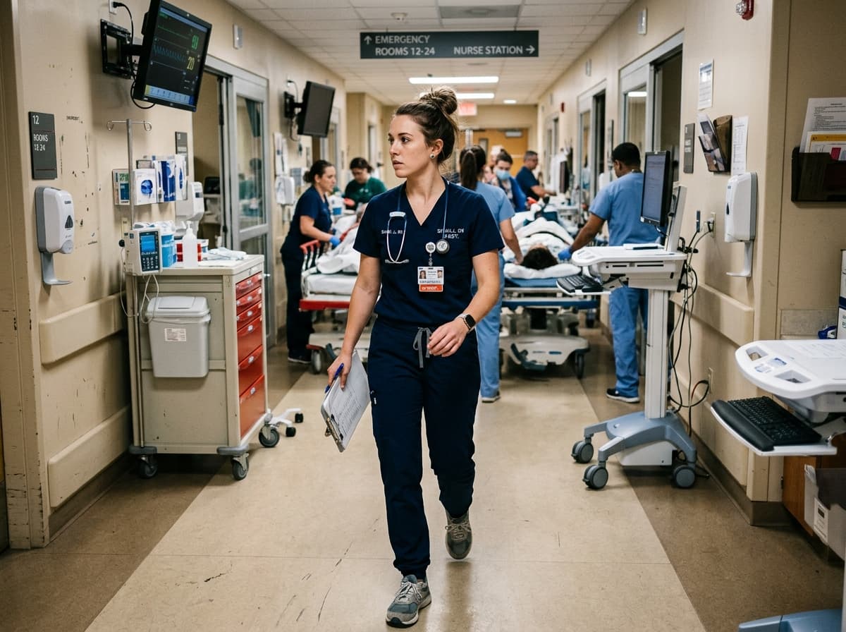 Emergency room registered nurse providing urgent patient care in a hospital setting