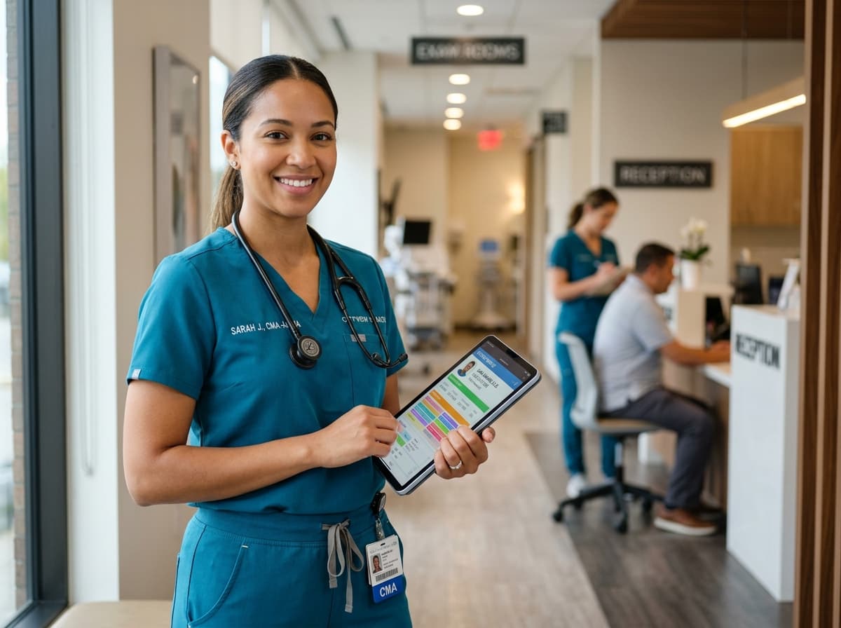Healthcare support professional assisting team and patients