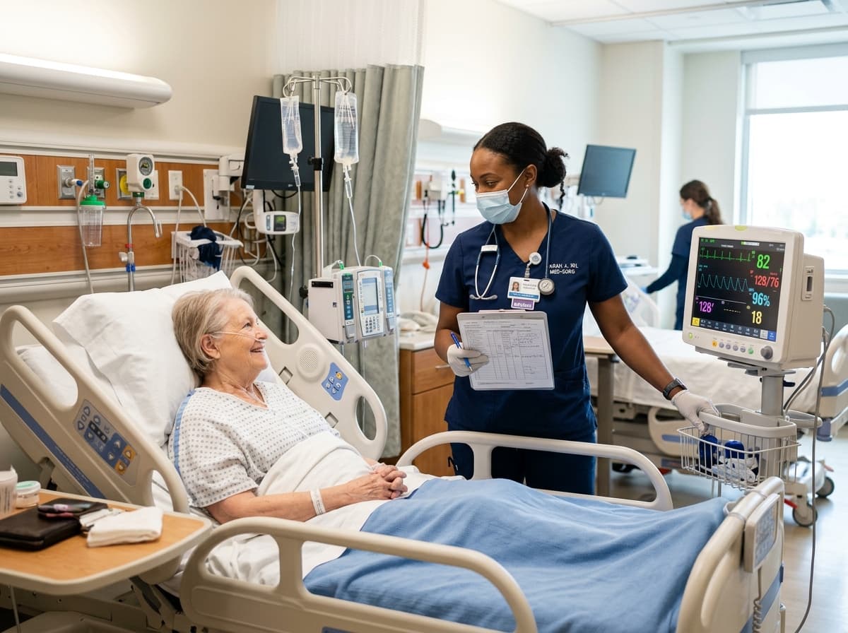 Medical-surgical nurse attending to patient care in a hospital unit