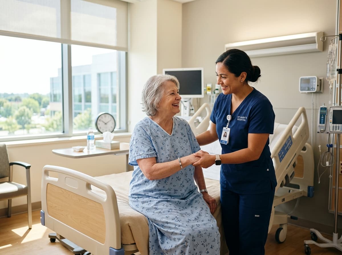 Clinician holding a conversation with a smiling patient at the bedside in a hospital room.