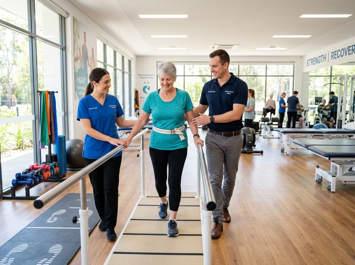 Physical therapists guiding a patient through gait training on parallel bars in a rehab gym.