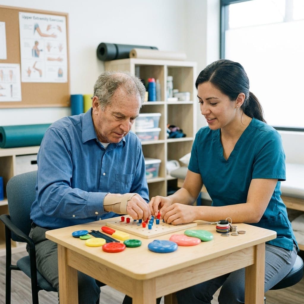Occupational therapist helping an older patient with a fine motor peg board exercise.