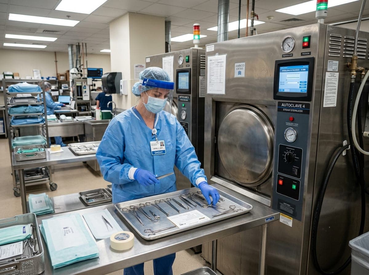 Surgical technologist managing sterile processing instrumentation and surgical team equipment.