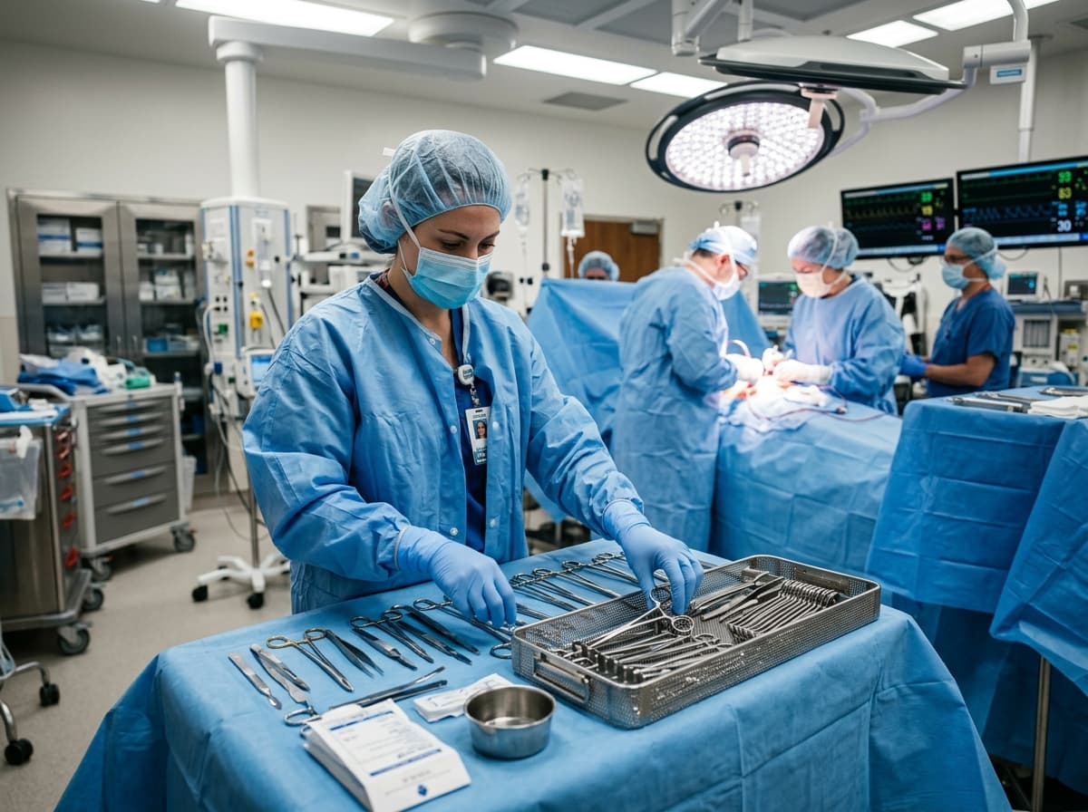 Operating room surgical nursing and technologist team in hospital suite