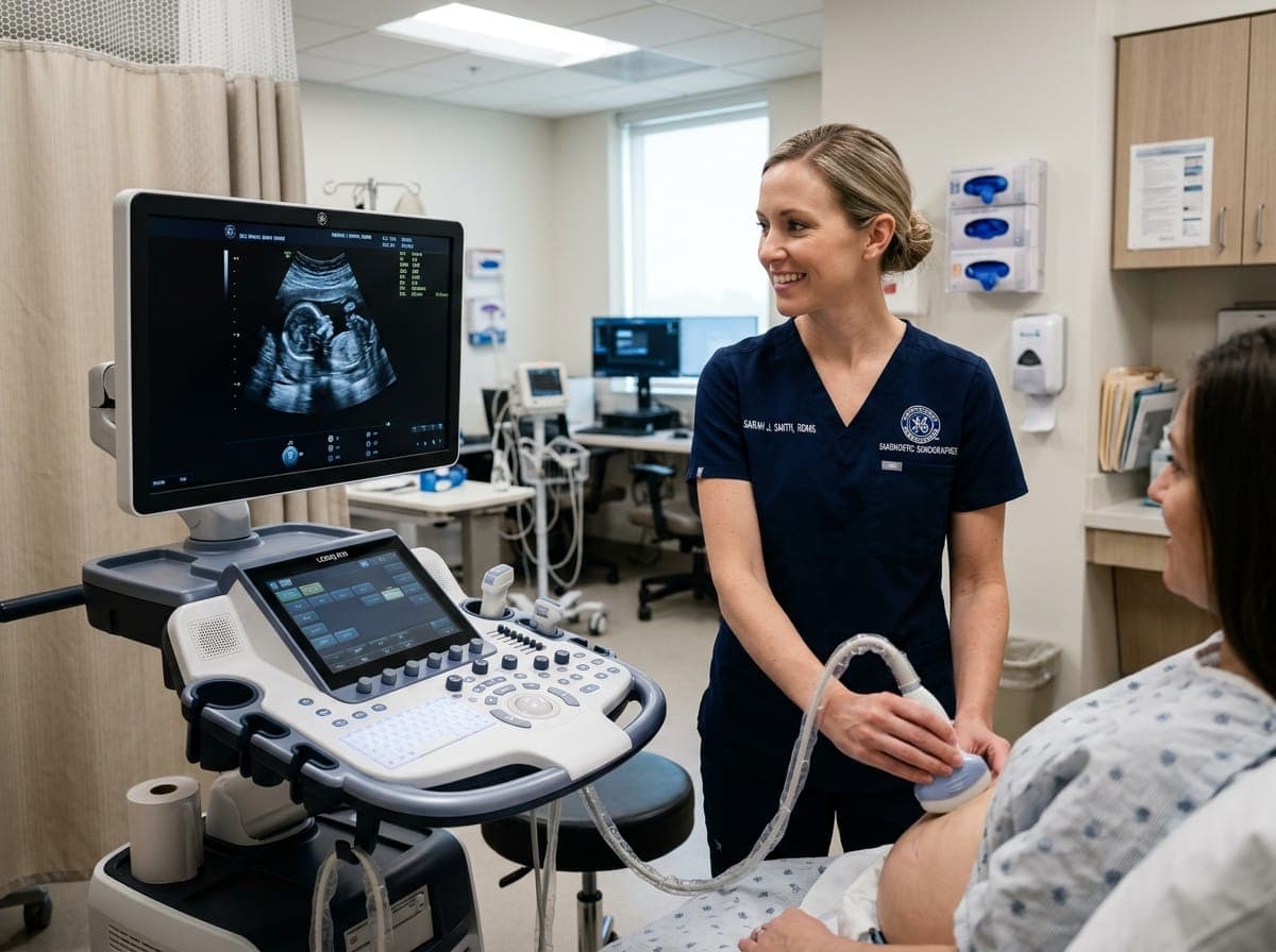 Registered diagnostic medical sonographer performing an ultrasound scan with patient.