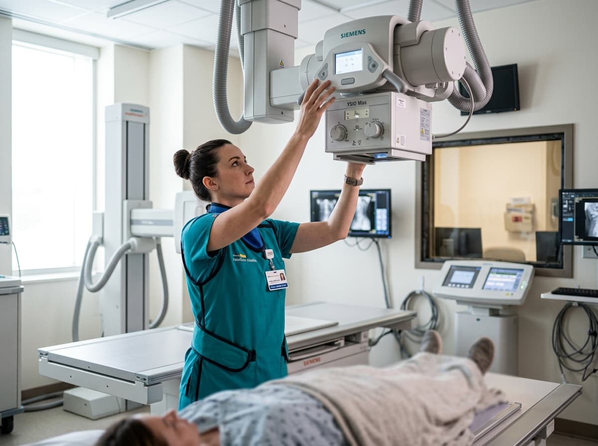 Radiologic technologist positioning a patient for a chest x ray in an imaging room.
