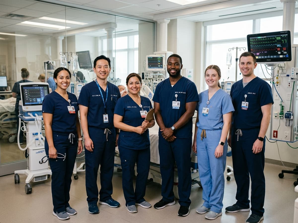 Multidisciplinary respiratory therapy and critical care team in scrubs collaborating in an acute care hospital unit.