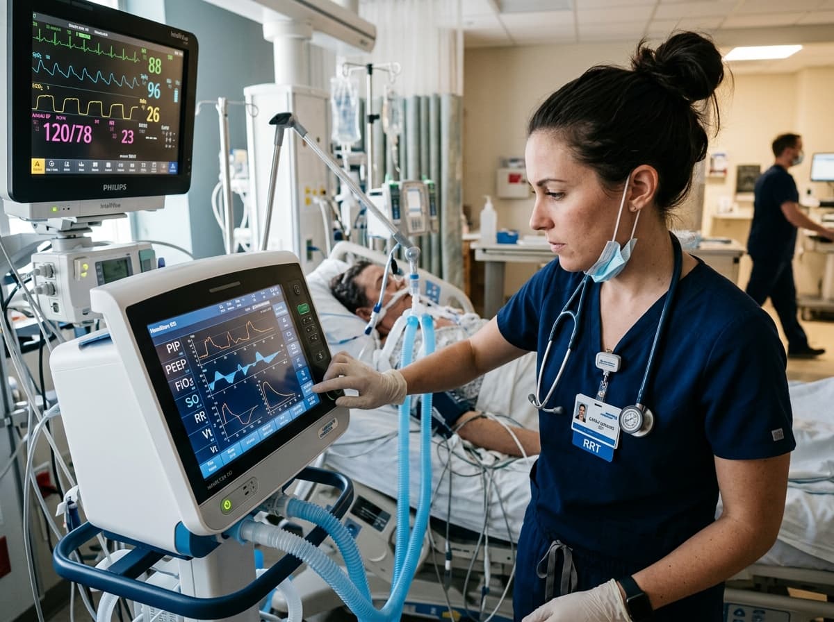 Registered respiratory therapist managing mechanical ventilator platform settings and monitoring vital waveforms at an ICU bedside.